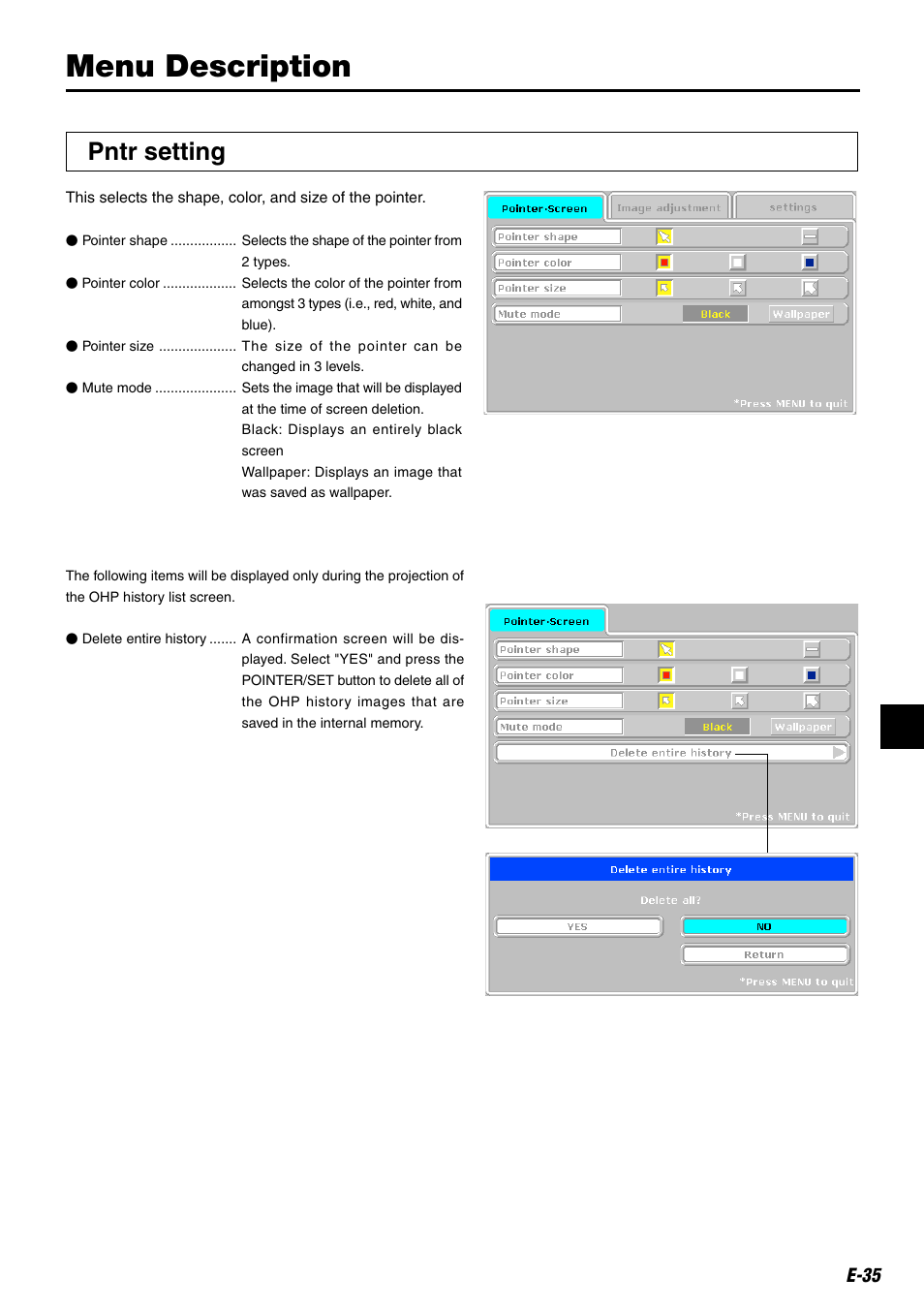 Menu description, Pntr setting, E-35 | Compaq iP-25E User Manual | Page 35 / 48