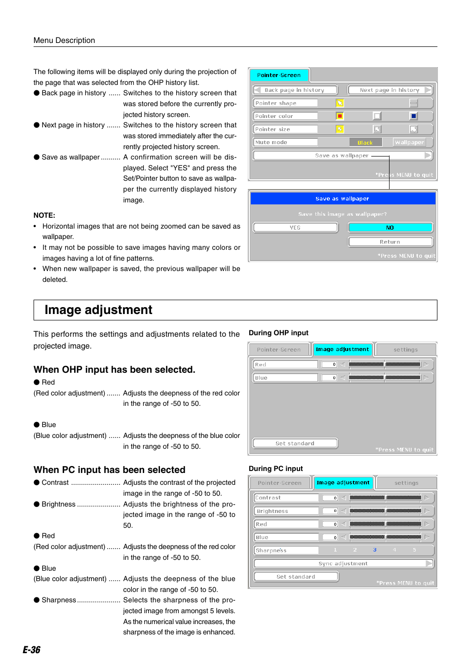 Image adjustment, E-36 when pc input has been selected, When ohp input has been selected | Compaq iP-25E User Manual | Page 36 / 48