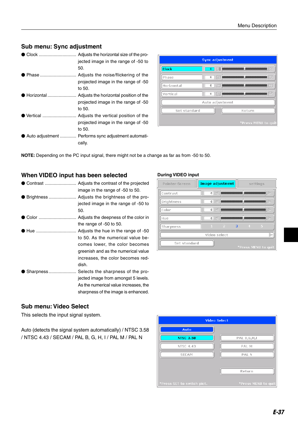 E-37 when video input has been selected, Sub menu: video select, Sub menu: sync adjustment | Compaq iP-25E User Manual | Page 37 / 48
