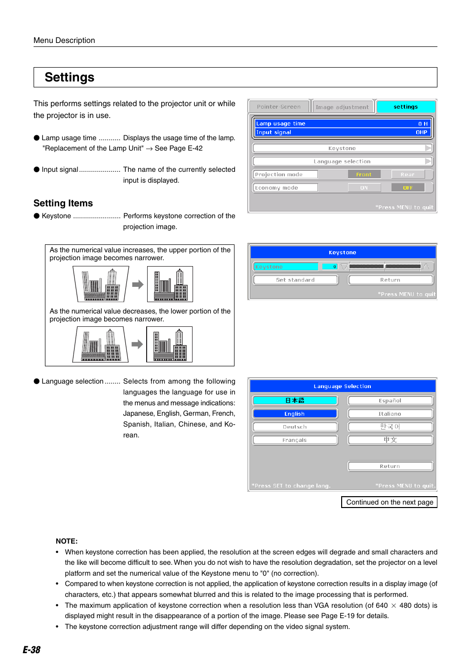 Settings, E-38, Setting items | Compaq iP-25E User Manual | Page 38 / 48