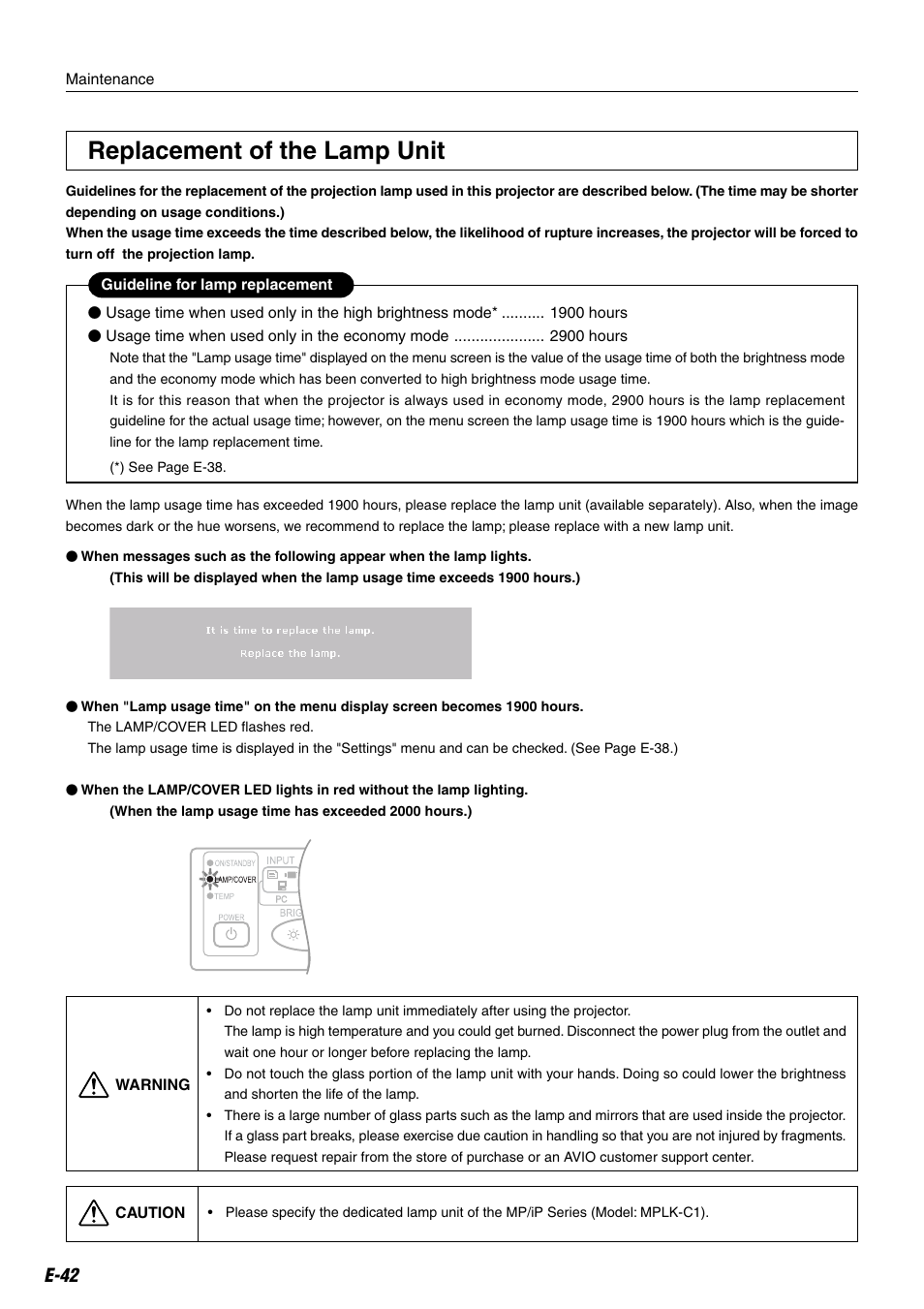 Replacement of the lamp unit, E-42 | Compaq iP-25E User Manual | Page 42 / 48