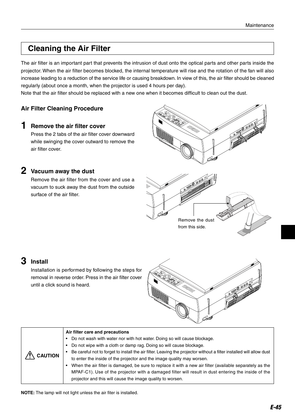 Cleaning the air filter | Compaq iP-25E User Manual | Page 45 / 48