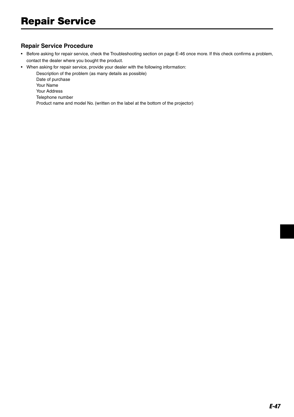 Repair service | Compaq iP-25E User Manual | Page 47 / 48
