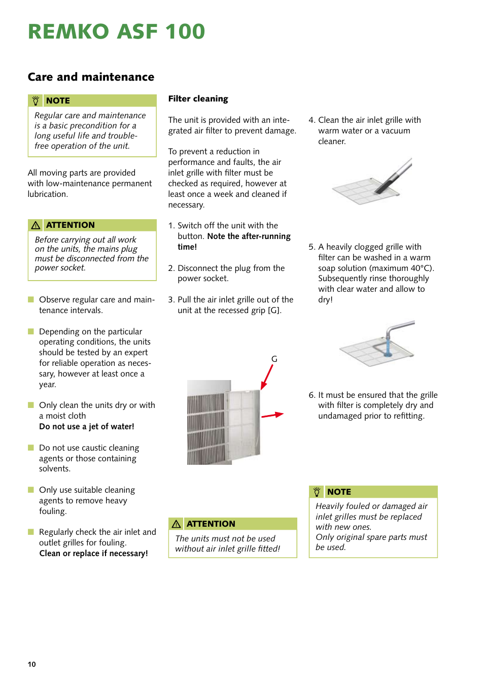 Remko asf 100, Care and maintenance | REMKO ASF 100 User Manual | Page 10 / 16