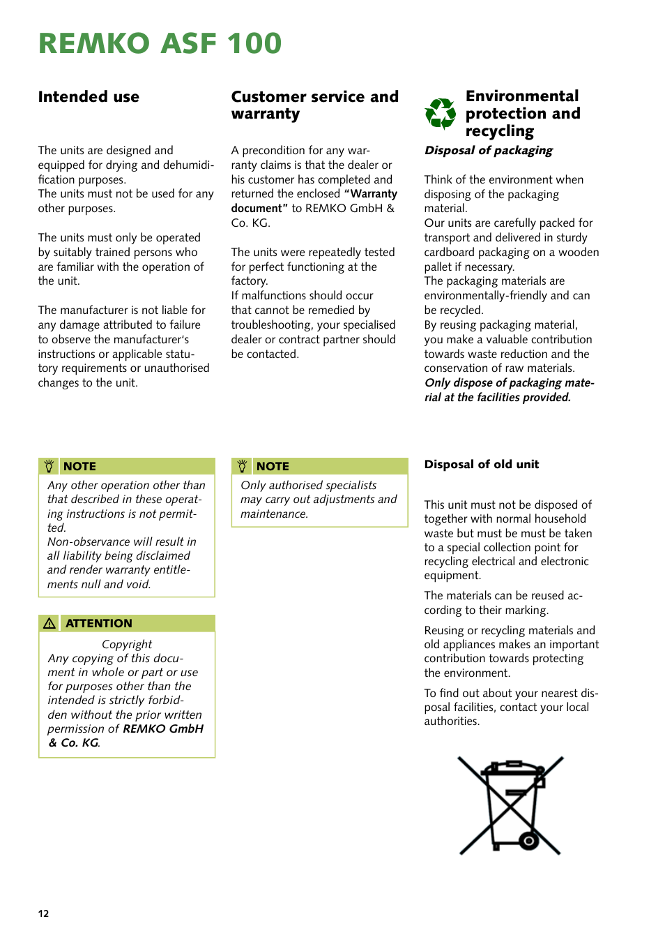 Remko asf 100, Customer service and warranty, Intended use | Environmental protection and recycling | REMKO ASF 100 User Manual | Page 12 / 16