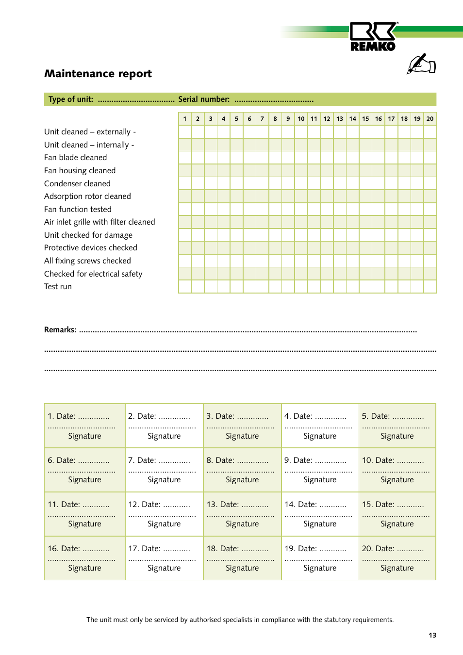 Maintenance report | REMKO ASF 100 User Manual | Page 13 / 16