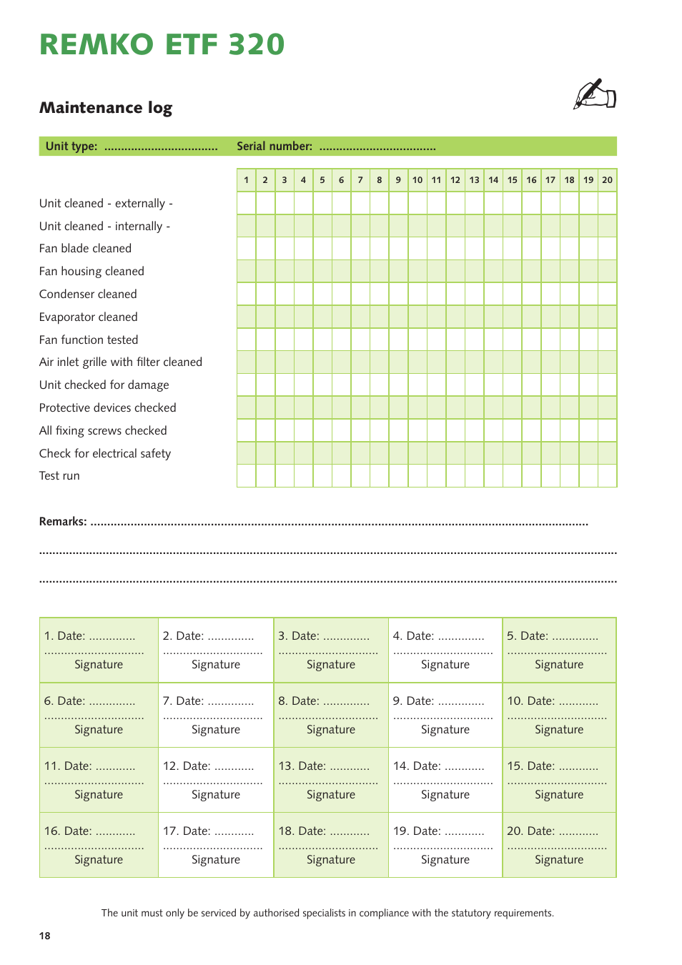 Remko etf 320, Maintenance log | REMKO ETF 320 User Manual | Page 18 / 20