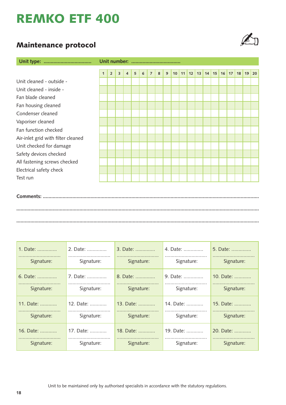 Remko etf 400, Maintenance protocol | REMKO ETF 400 User Manual | Page 18 / 20