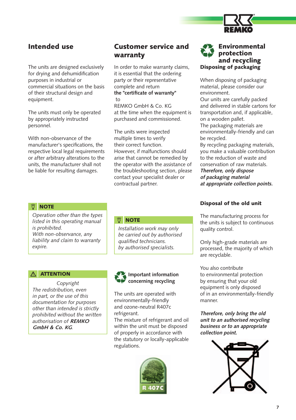 Customer service and warranty, Intended use | REMKO ETF 400 User Manual | Page 7 / 20