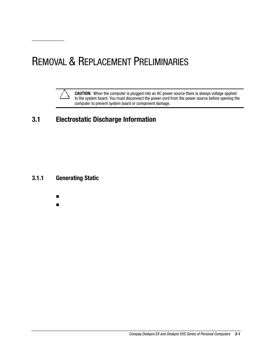 Removal & replacement preliminaries, 1 electrostatic discharge information, Chapter | Emoval, Eplacement, Reliminaries | Compaq EXS Series User Manual | Page 22 / 78