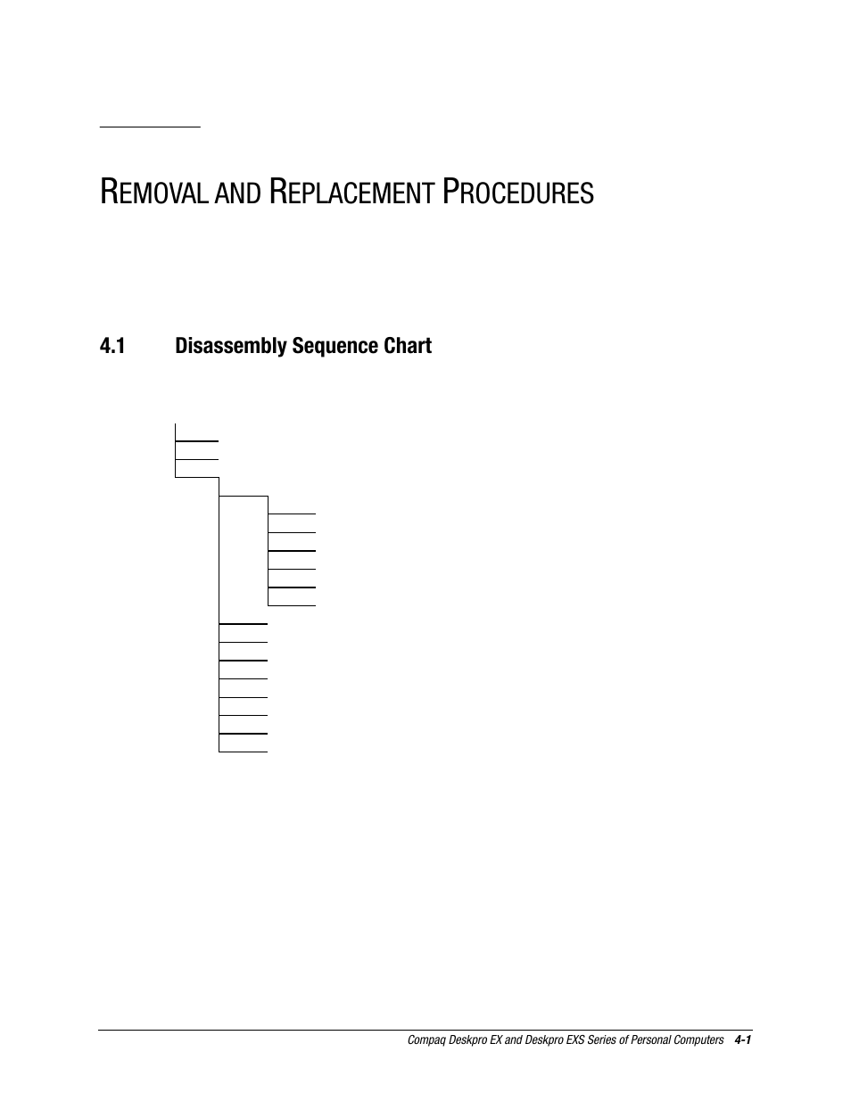 Removal and replacement procedures, 1 disassembly sequence chart, Chapter | Emoval and, Eplacement, Rocedures | Compaq EXS Series User Manual | Page 28 / 78