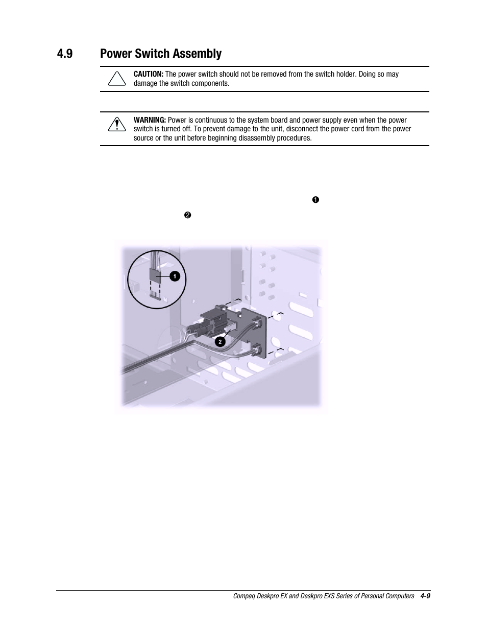 9 power switch assembly, Power switch assembly | Compaq EXS Series User Manual | Page 36 / 78