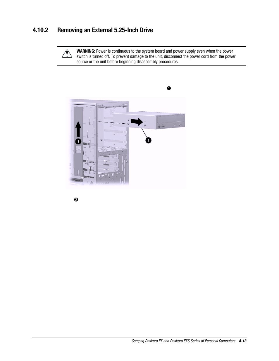 Removing an external 5.25-inch drive, 2 removing an external 5.25-inch drive | Compaq EXS Series User Manual | Page 40 / 78