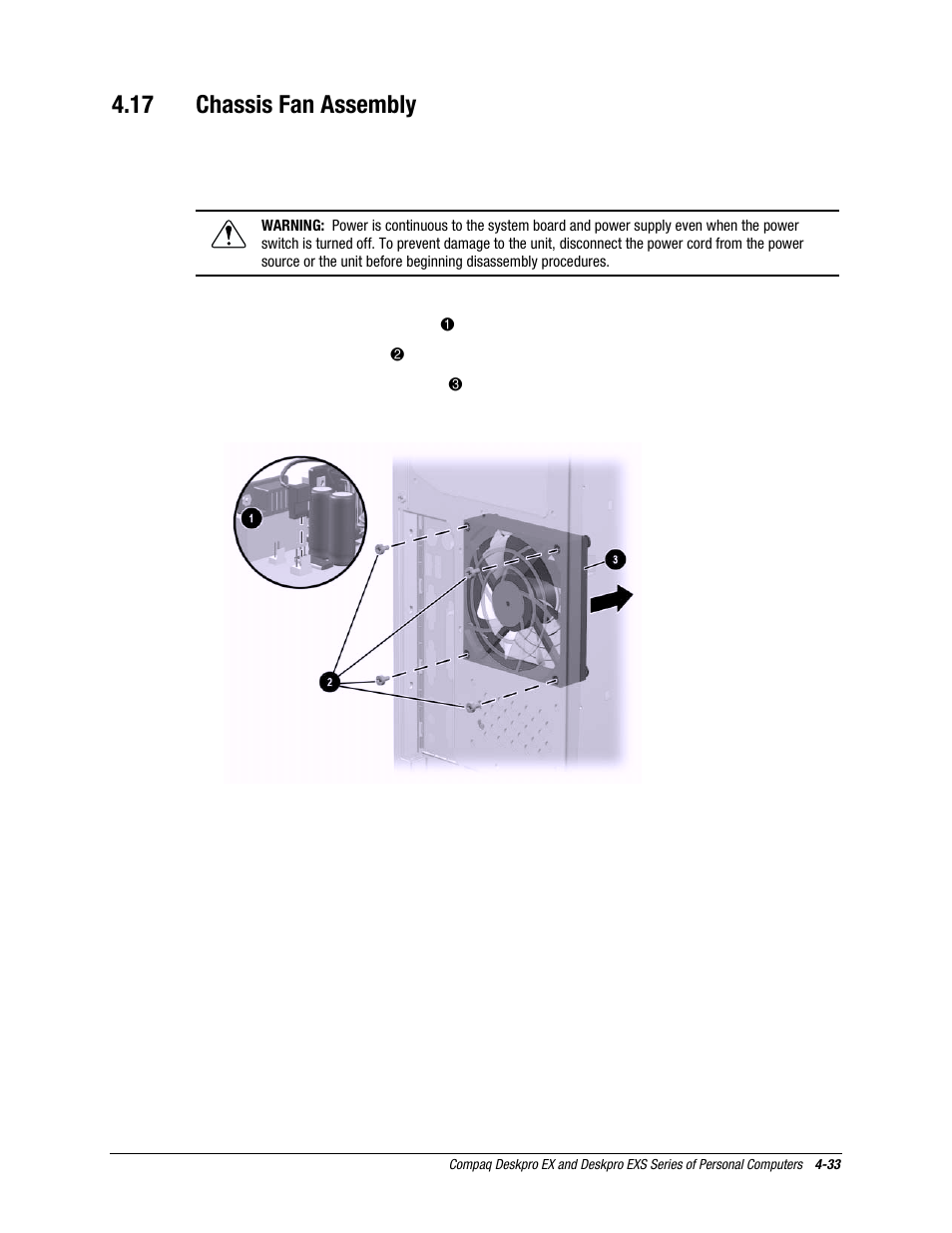 17 chassis fan assembly, Chassis fan assembly | Compaq EXS Series User Manual | Page 60 / 78