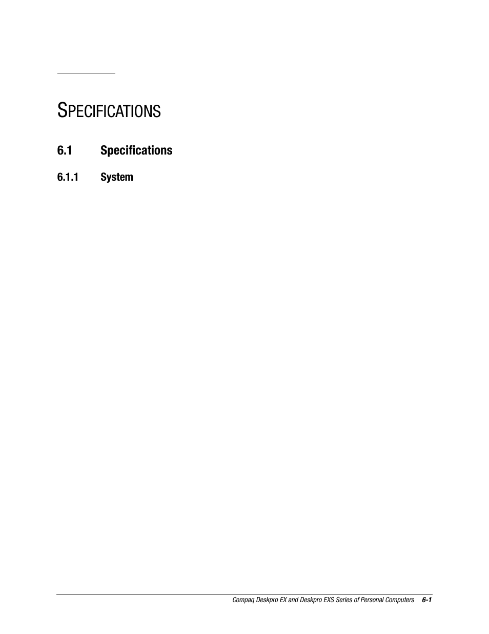 Specifications, 1 specifications, Chapter | Pecifications, 1 system | Compaq EXS Series User Manual | Page 67 / 78