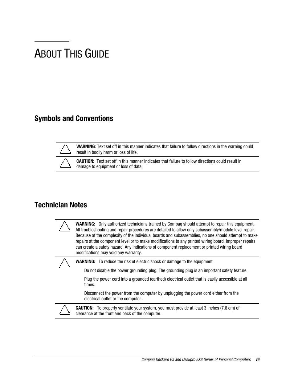 About this guide, Symbols and conventions, Technician notes | Preface, Bout, Uide | Compaq EXS Series User Manual | Page 7 / 78