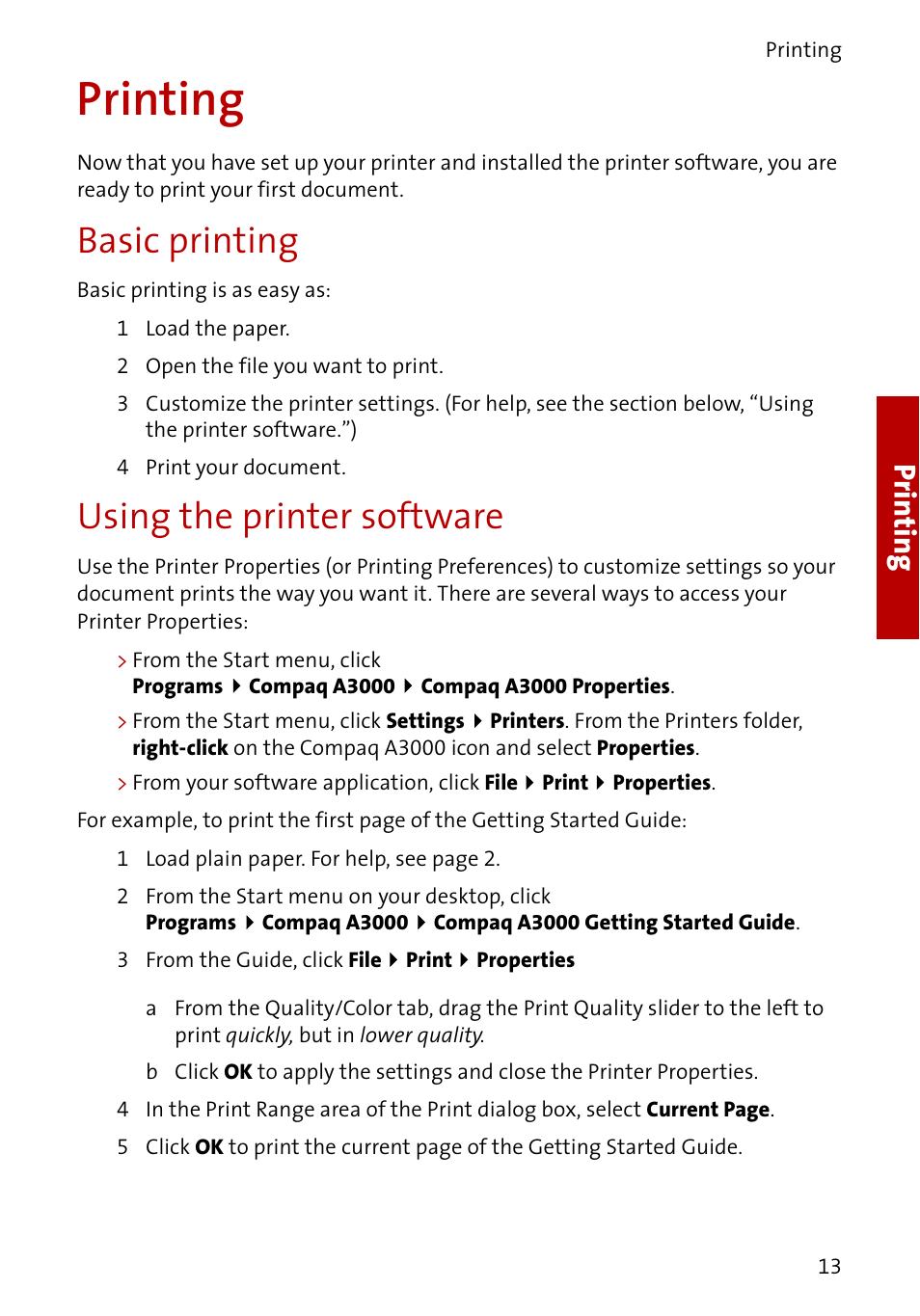 Printing, Basic printing, Using the printer software | Prin ting | Compaq A3000 EN User Manual | Page 15 / 38