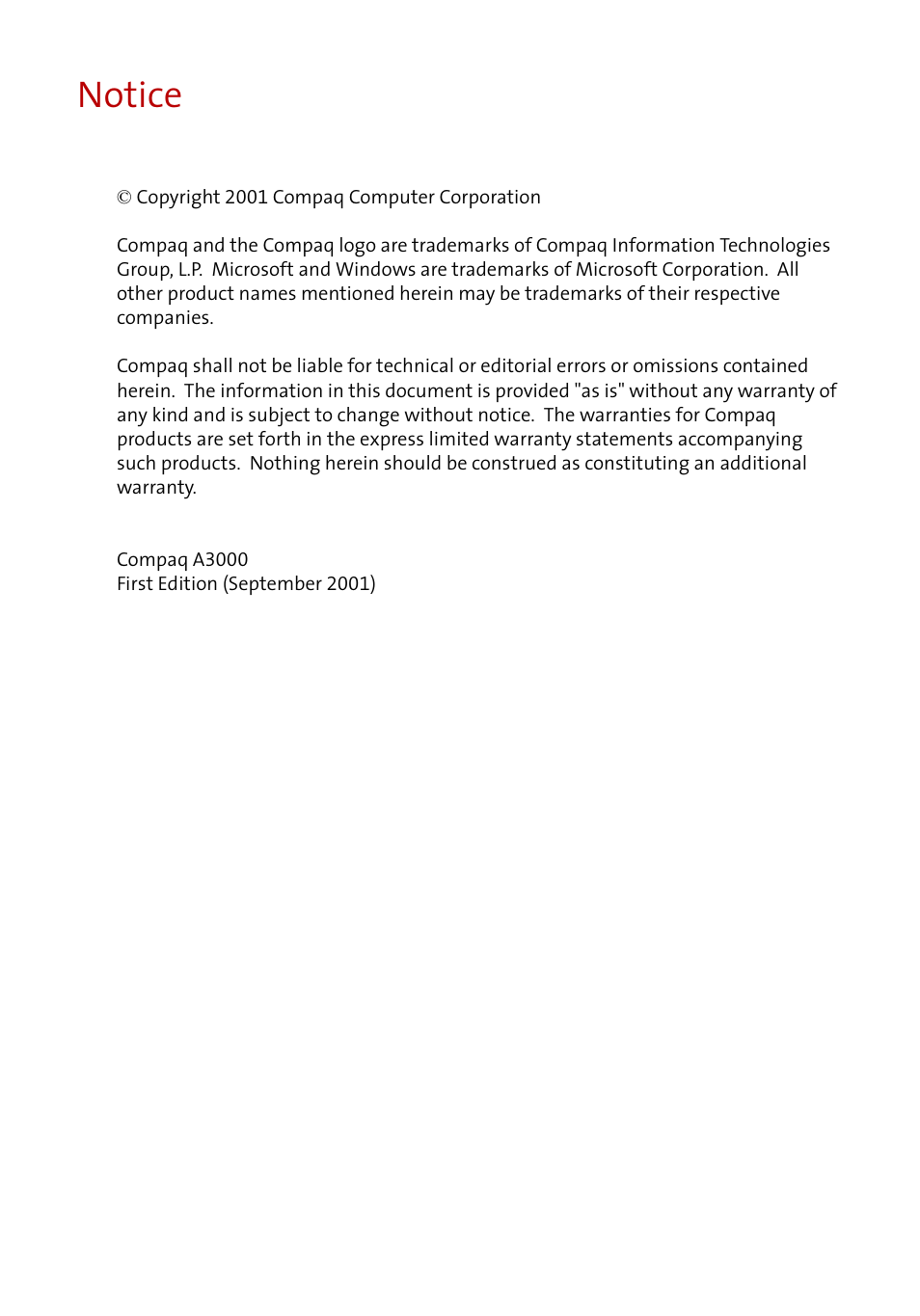 Notice | Compaq A3000 EN User Manual | Page 2 / 38