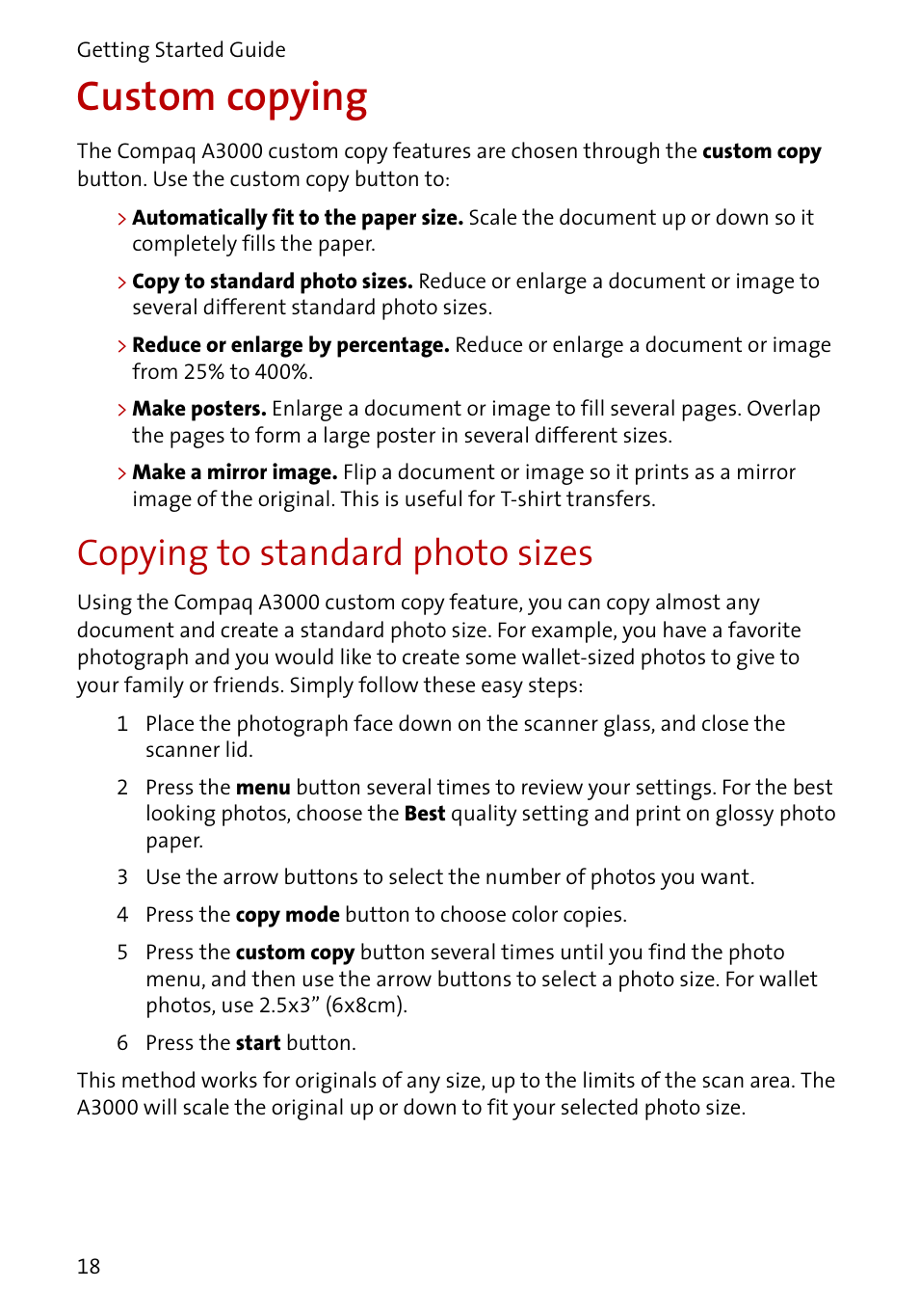 Custom copying, Copying to standard photo sizes | Compaq A3000 EN User Manual | Page 20 / 38