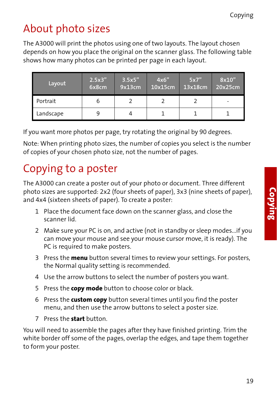 About photo sizes, Copying to a poster, Co p y ing | Compaq A3000 EN User Manual | Page 21 / 38