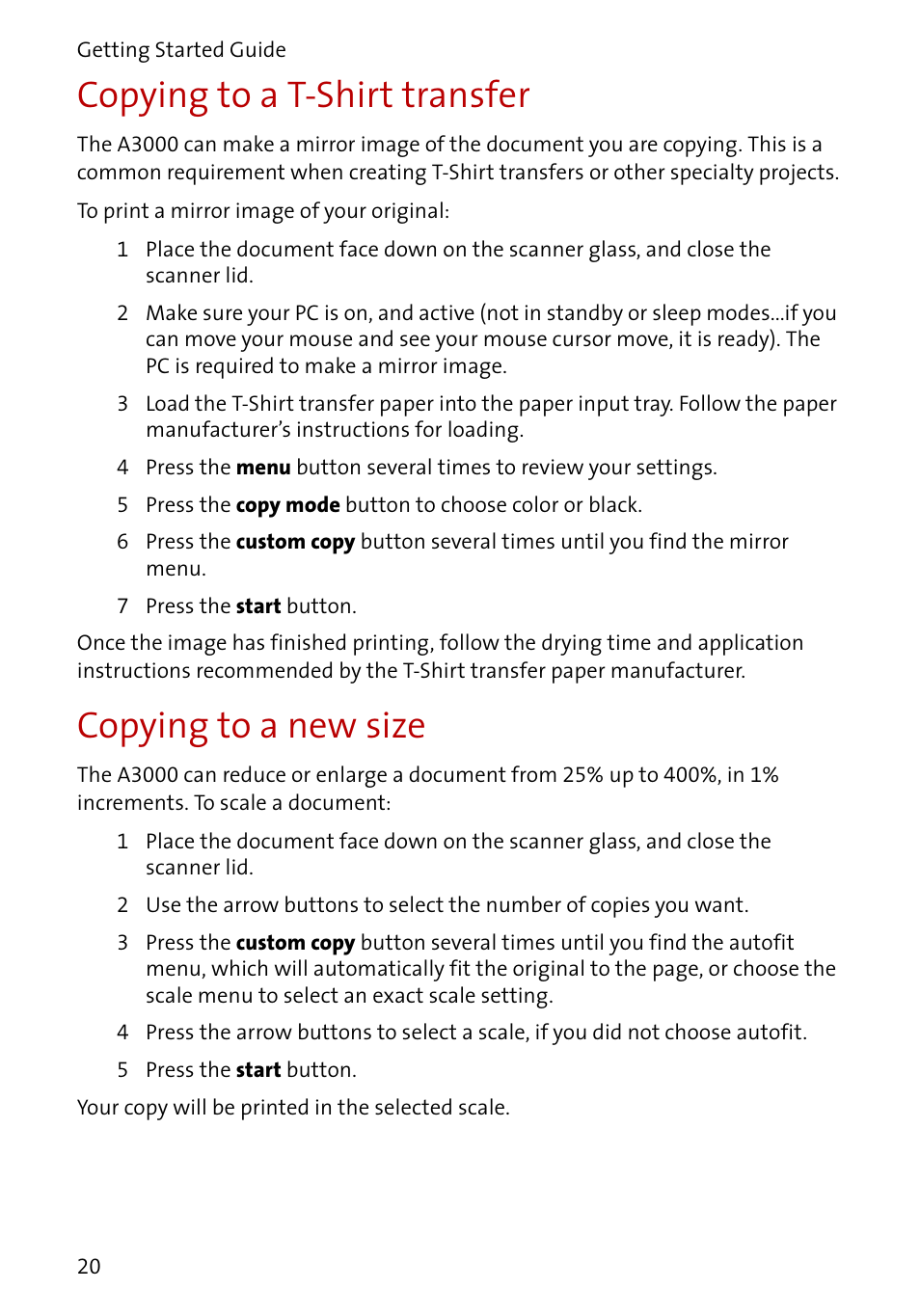 Copying to a t-shirt transfer, Copying to a new size | Compaq A3000 EN User Manual | Page 22 / 38