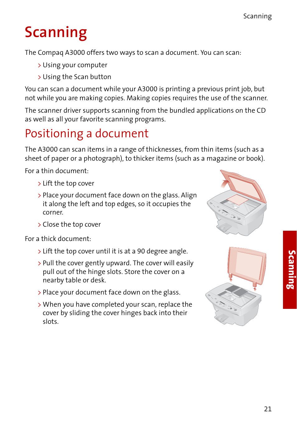 Scanning, Positioning a document, Scanni ng | Compaq A3000 EN User Manual | Page 23 / 38