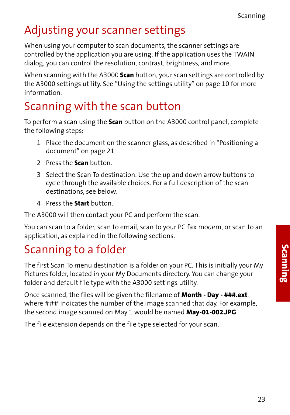 Adjusting your scanner settings, Scanning with the scan button, Scanning to a folder | Scanni ng | Compaq A3000 EN User Manual | Page 25 / 38