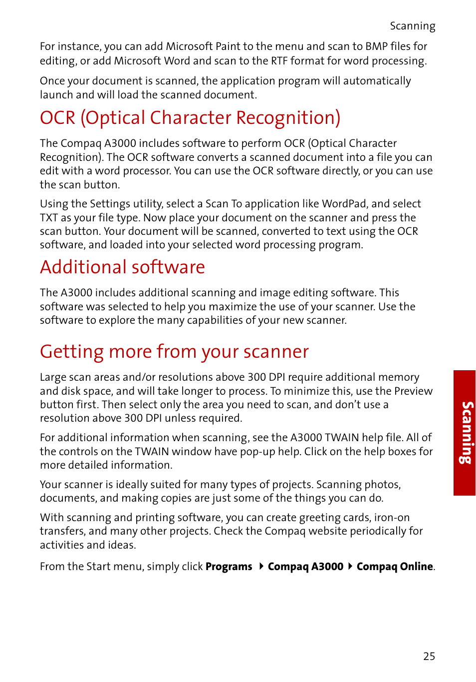 Ocr (optical character recognition), Additional software, Getting more from your scanner | Scanni ng | Compaq A3000 EN User Manual | Page 27 / 38