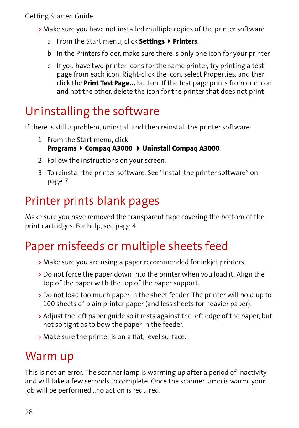 Uninstalling the software, Printer prints blank pages, Paper misfeeds or multiple sheets feed | Warm up | Compaq A3000 EN User Manual | Page 30 / 38