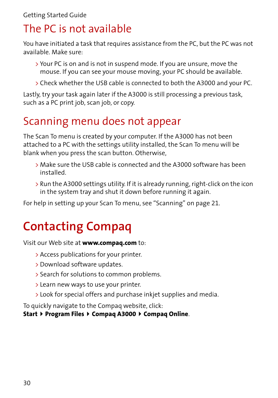 Contacting compaq, The pc is not available, Scanning menu does not appear | Compaq A3000 EN User Manual | Page 32 / 38