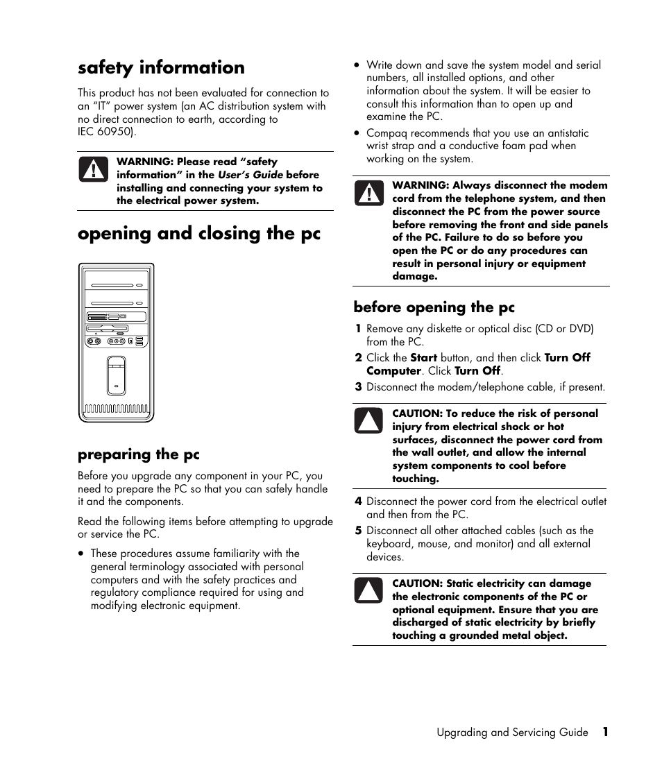 Safety information, Opening and closing the pc, Preparing the pc | Before opening the pc | Compaq S6035IL User Manual | Page 5 / 12