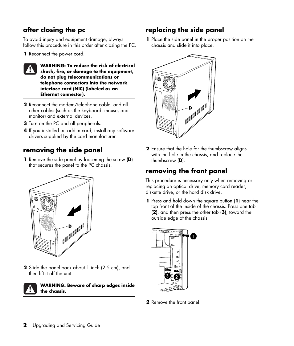 After closing the pc, Removing the side panel, Replacing the side panel | Removing the front panel | Compaq S6035IL User Manual | Page 6 / 12