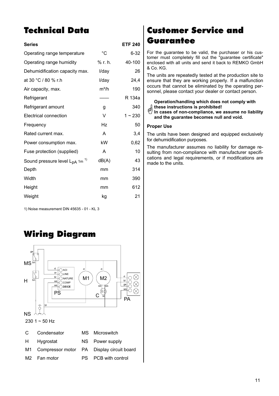 Wiring diagram, Technical data, Customer service and guarantee | REMKO ETF 240 User Manual | Page 11 / 16