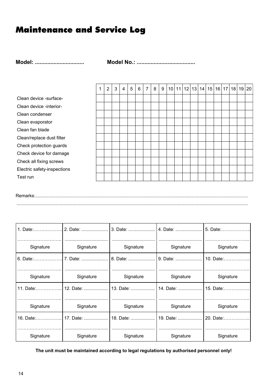 Maintenance and service log | REMKO ETF 240 User Manual | Page 14 / 16