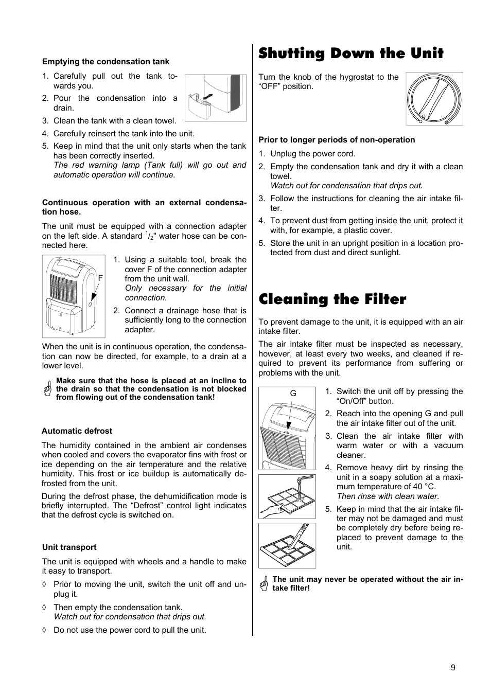 Shutting down the unit, Cleaning the filter | REMKO ETF 240 User Manual | Page 9 / 16