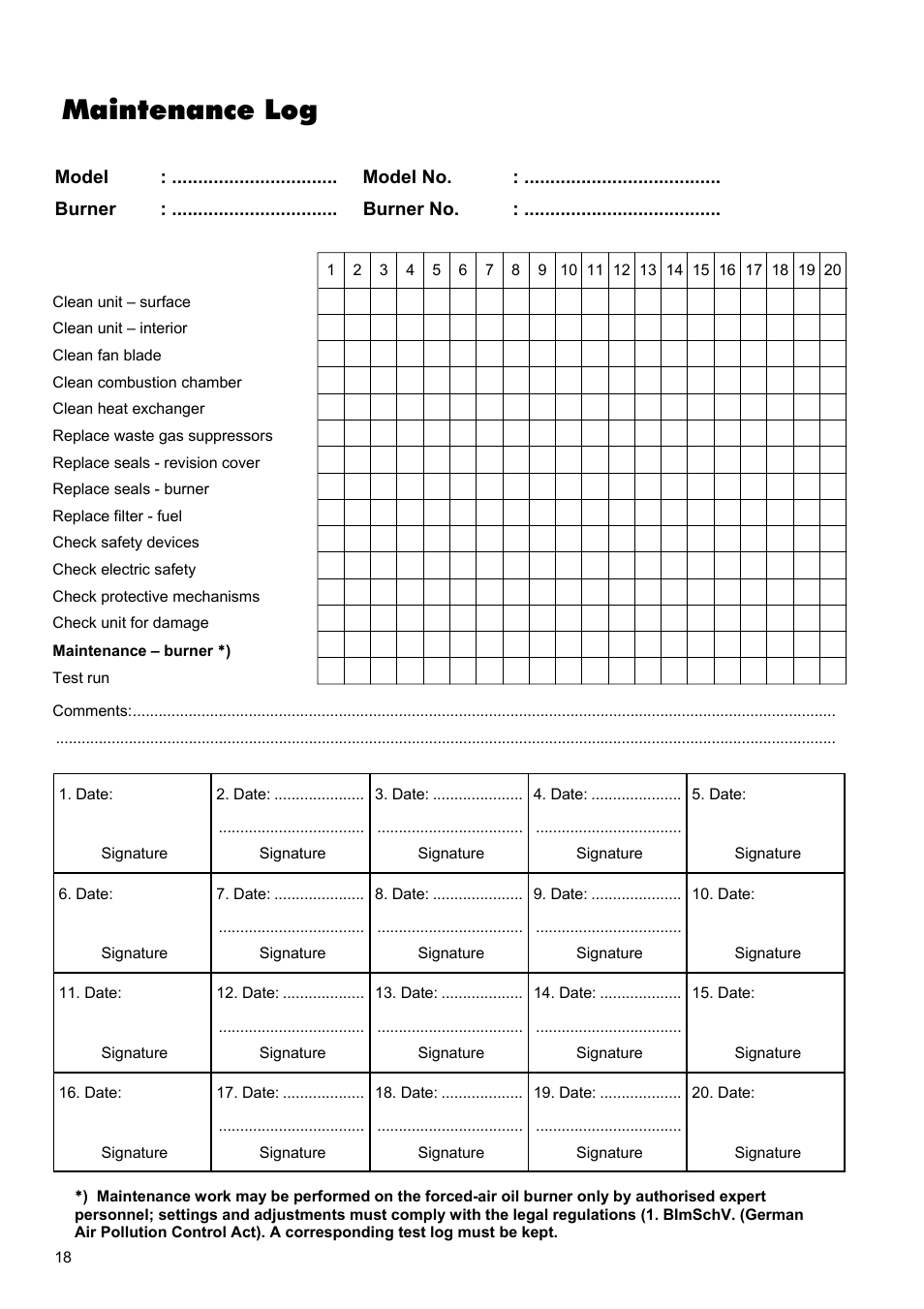 Maintenance log | REMKO CLK 20 User Manual | Page 18 / 20