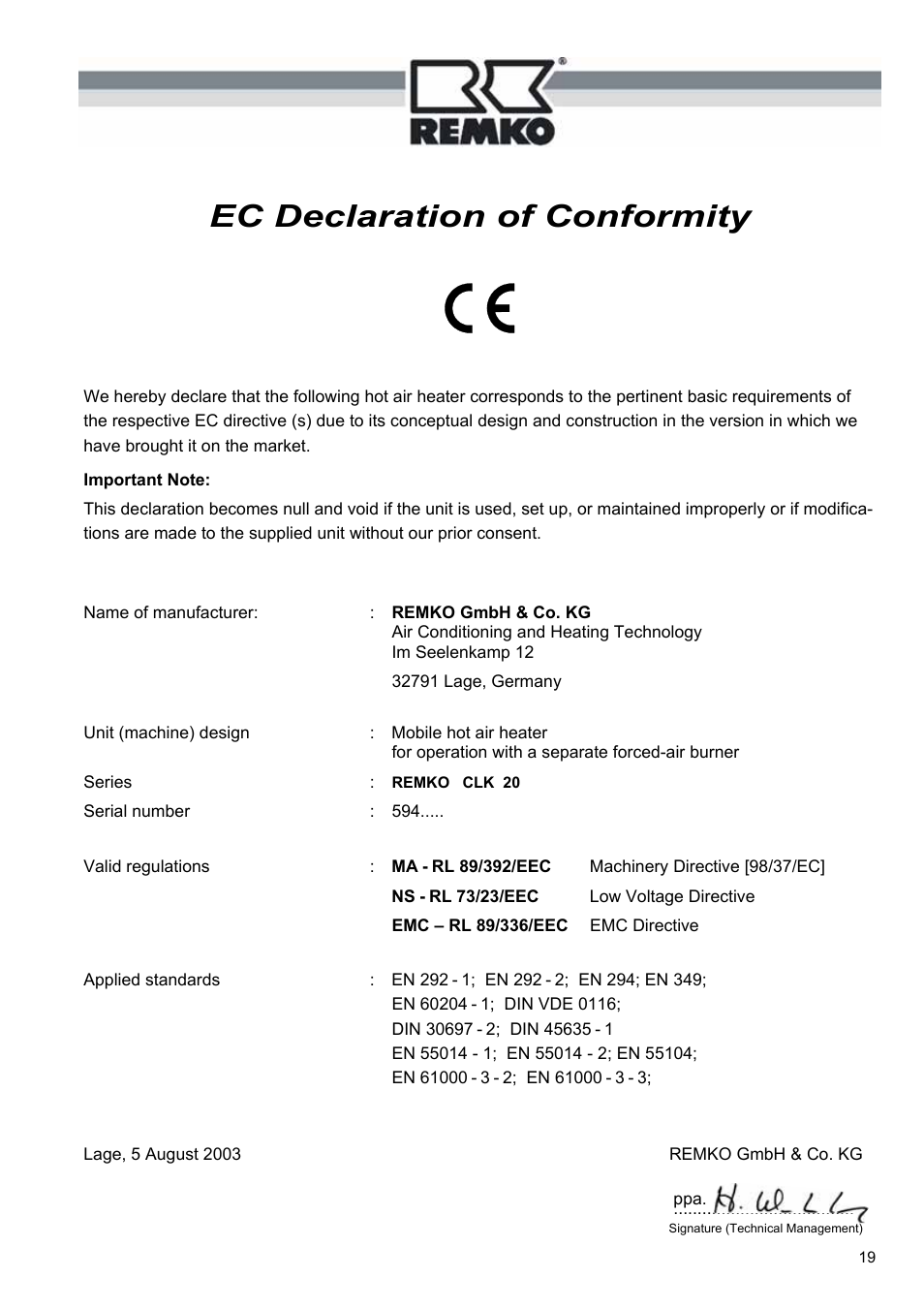 Ec declaration of conformity | REMKO CLK 20 User Manual | Page 19 / 20