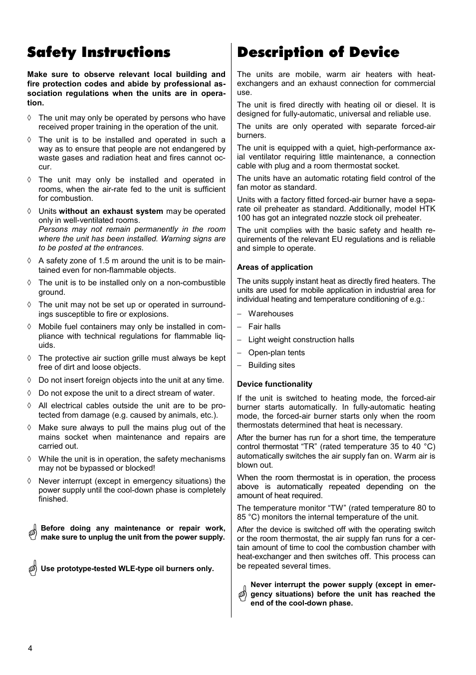 Safety instructions, Description of device | REMKO HTK 100 User Manual | Page 4 / 20