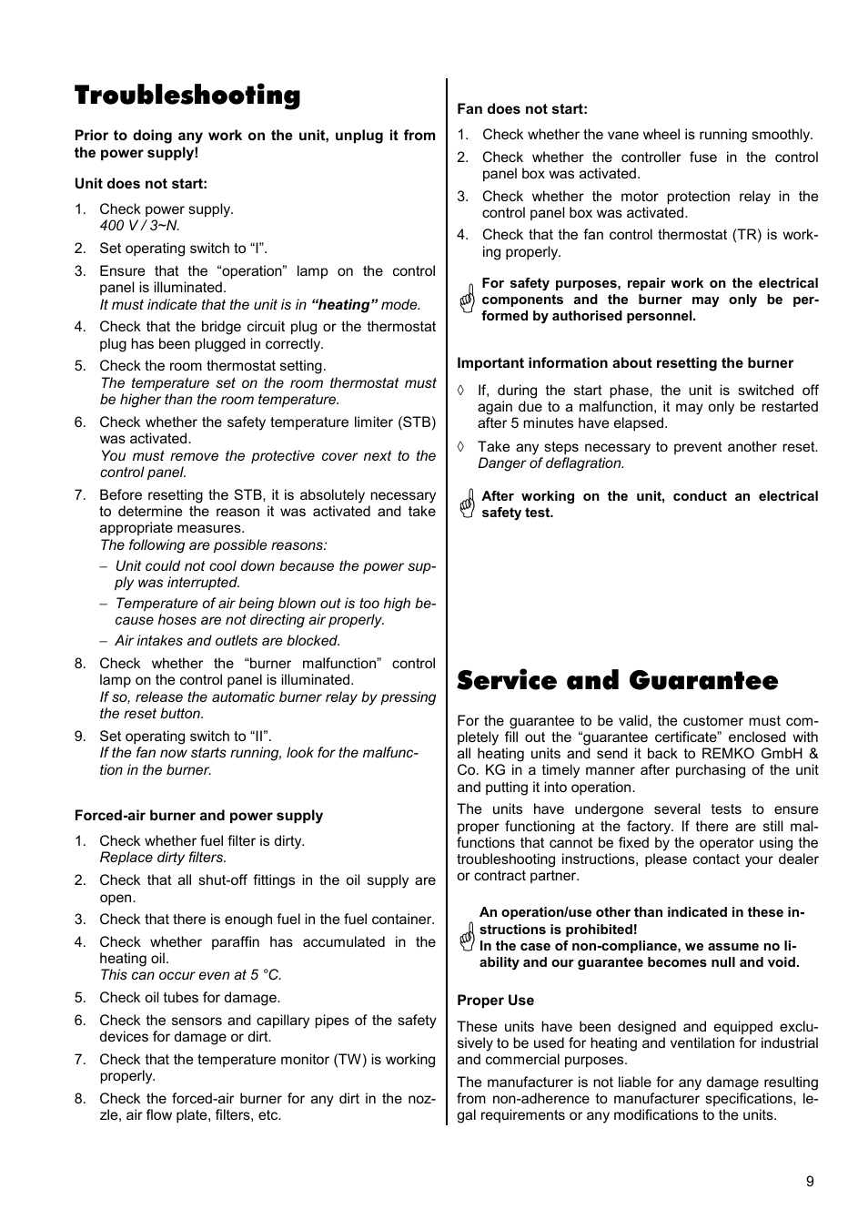 Troubleshooting, Service and guarantee | REMKO HTK 100 User Manual | Page 9 / 20