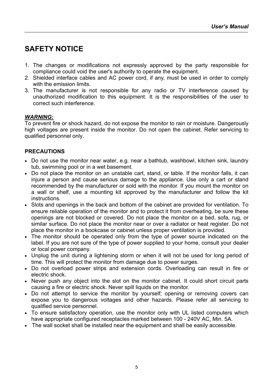 Safety notice, Precautions | Compaq HW194 User Manual | Page 5 / 20