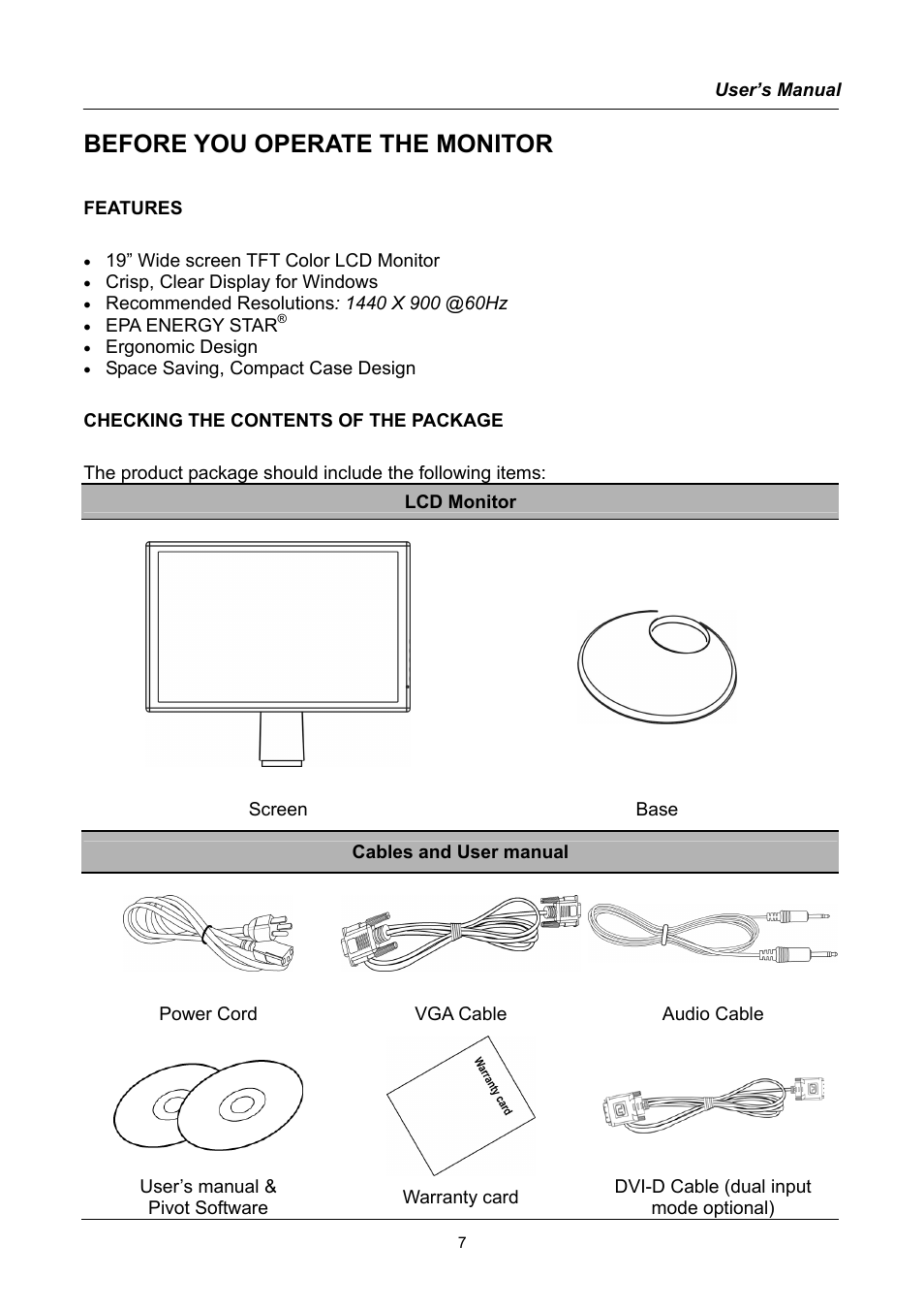 Before you operate the monitor, Features, Checking the contents of the package | Compaq HW194 User Manual | Page 7 / 20