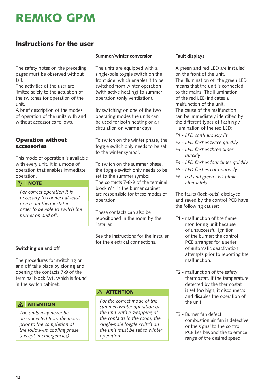Remko gpm, Instructions for the user | REMKO GPM User Manual | Page 12 / 48