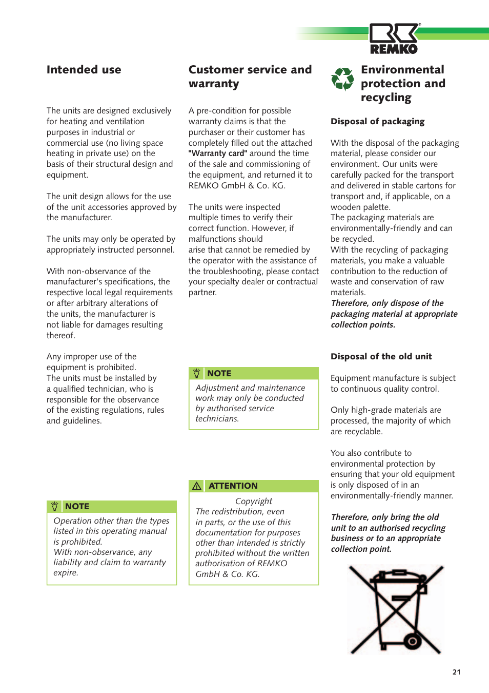 Customer service and warranty, Intended use, Environmental protection and recycling | REMKO GPM User Manual | Page 21 / 48