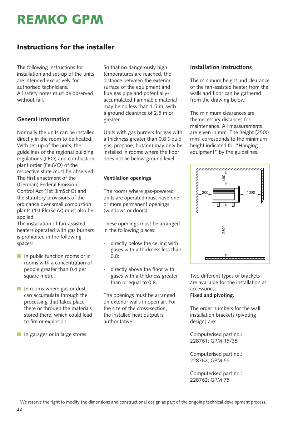 Remko gpm, Instructions for the installer | REMKO GPM User Manual | Page 22 / 48