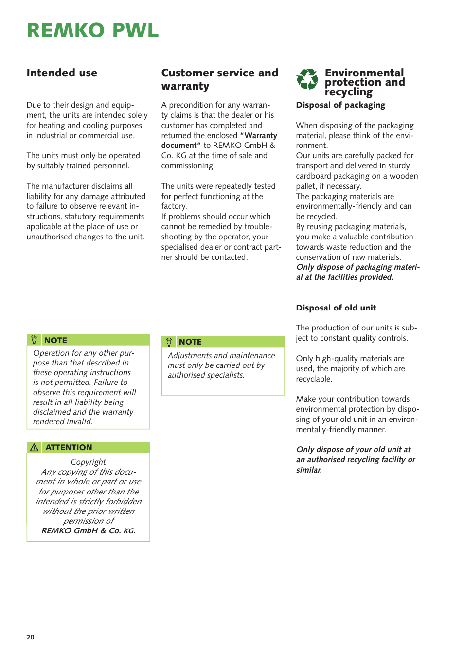Remko pwl, Customer service and warranty, Intended use | Environmental protection and recycling | REMKO PWL User Manual | Page 20 / 24