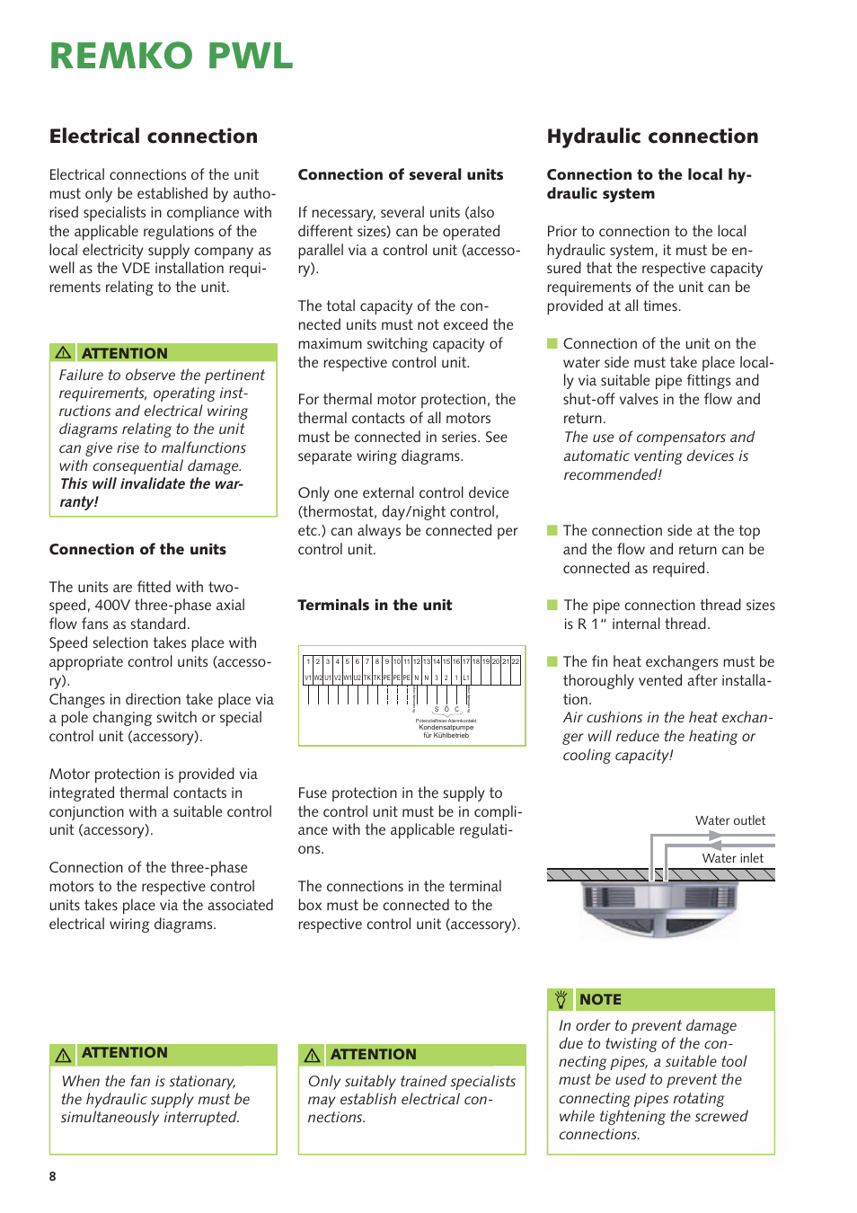 Remko pwl, Electrical connection, Hydraulic connection | This will invalidate the war- ranty | REMKO PWL User Manual | Page 8 / 24