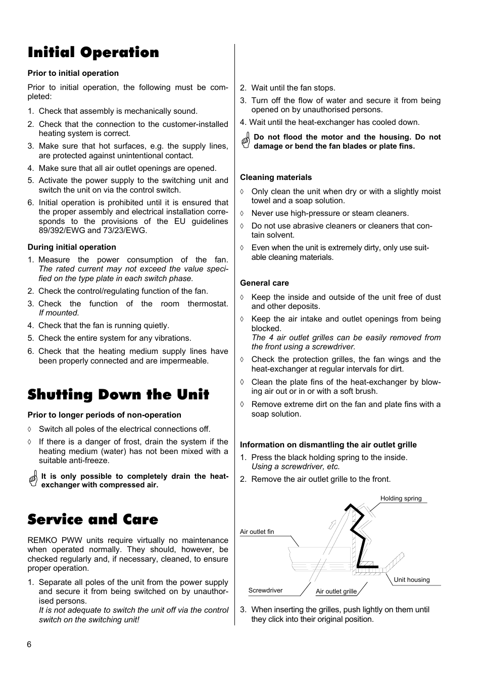Service and care, Initial operation, Shutting down the unit | REMKO PWW 5000 User Manual | Page 6 / 12