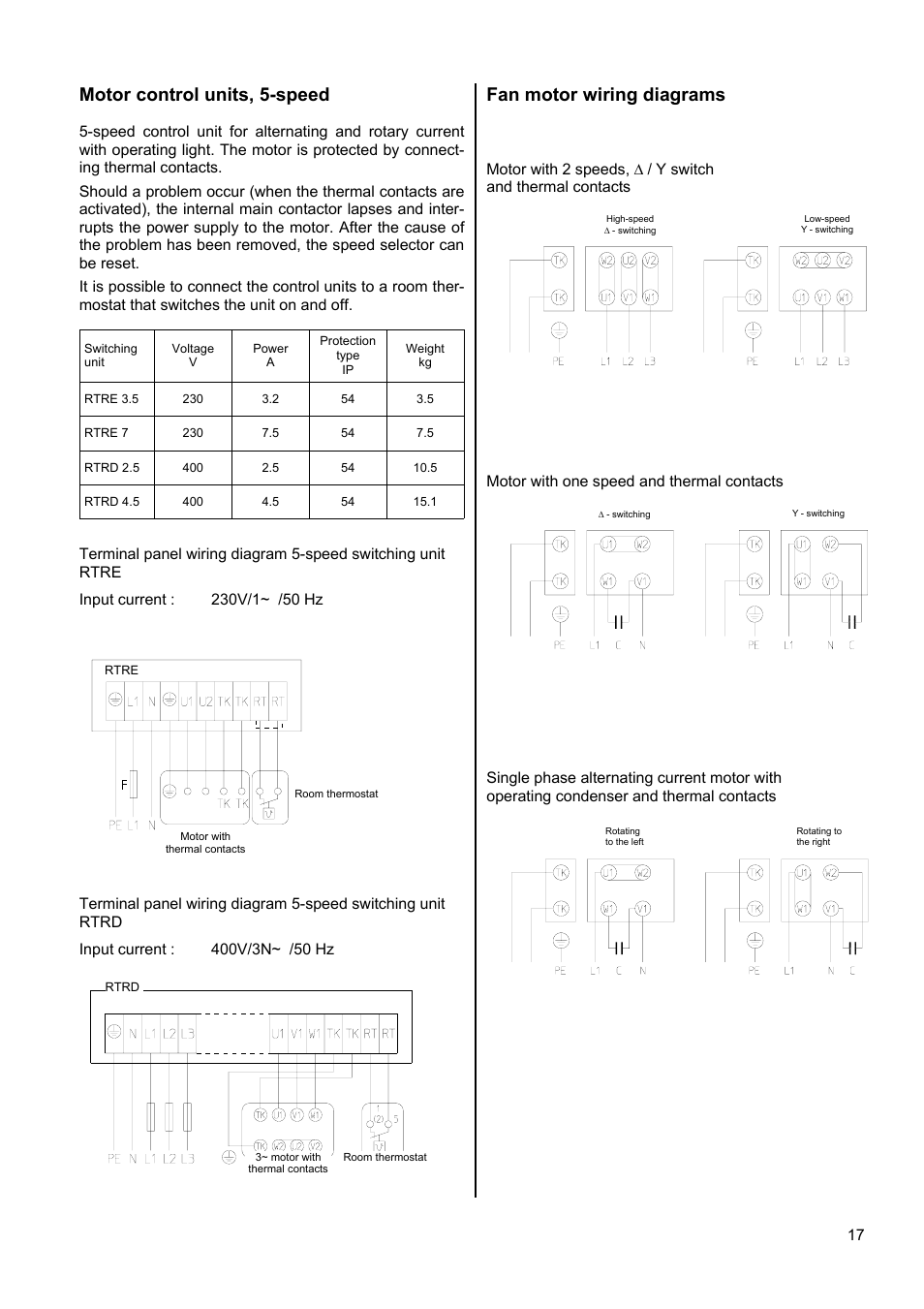 Fan motor wiring diagrams, Motor control units, 5-speed, Motor with one speed and thermal contacts | REMKO PWW 6000 User Manual | Page 17 / 20