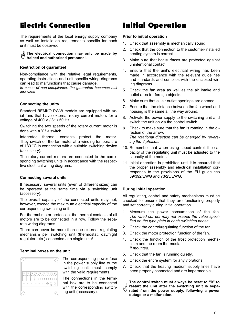Electric connection, Initial operation | REMKO PWW 6000 User Manual | Page 7 / 20