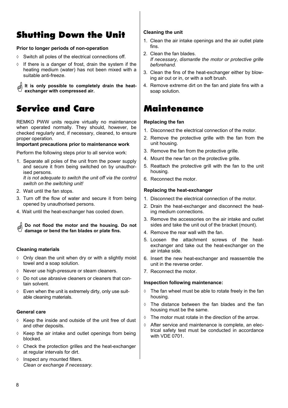 Shutting down the unit, Service and care, Maintenance | REMKO PWW 6000 User Manual | Page 8 / 20